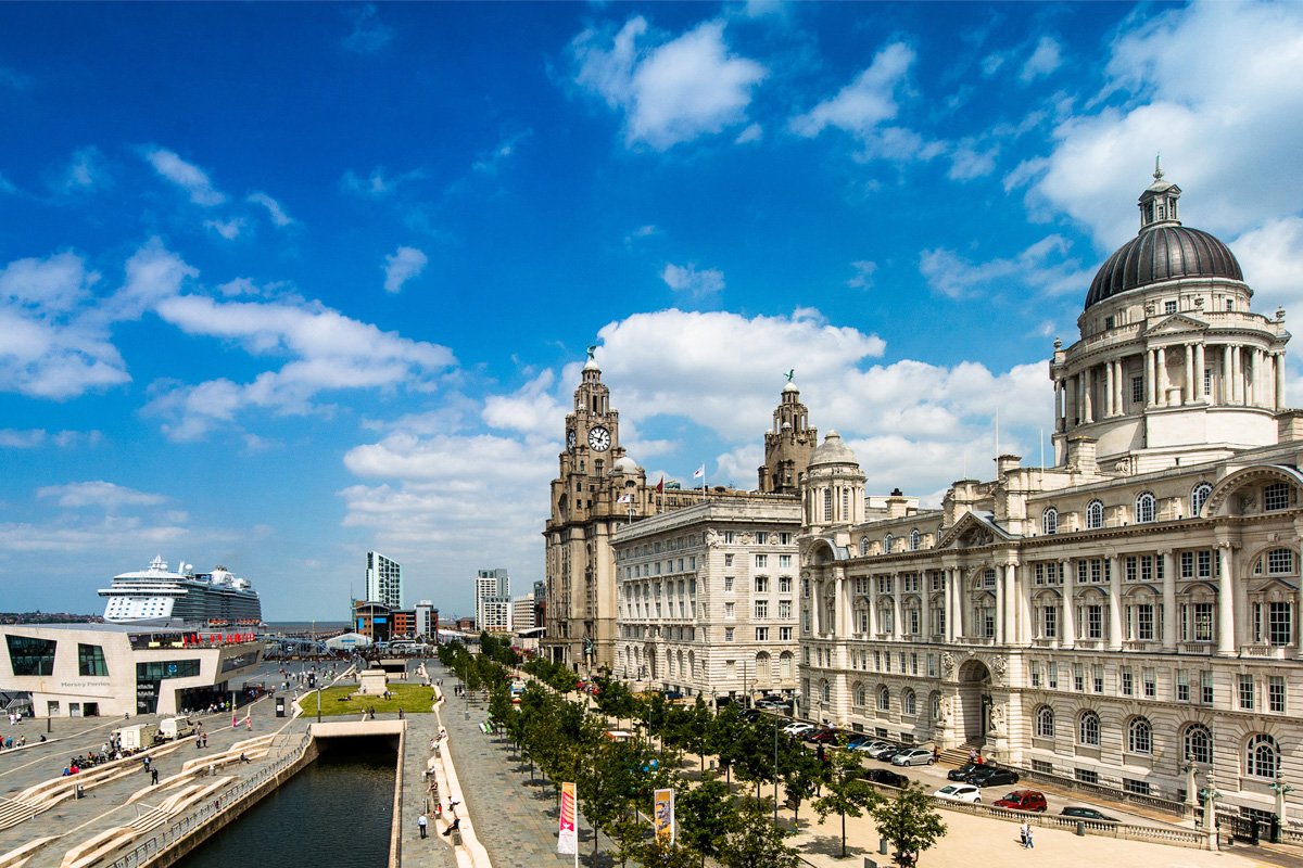 View of liver building and liverpool docks